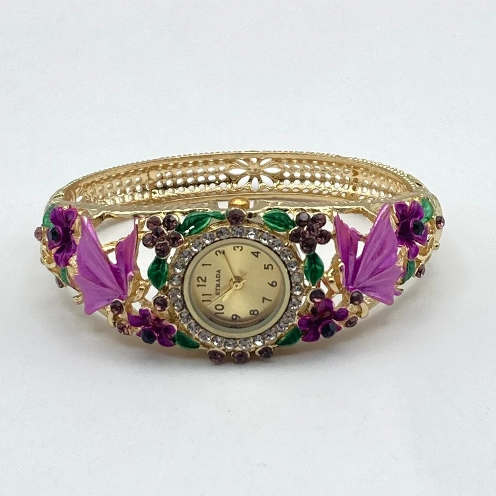 Strada Womens Watch Gold Tone Purple Floral Crystals Cuff 26mm New Battery 6.75